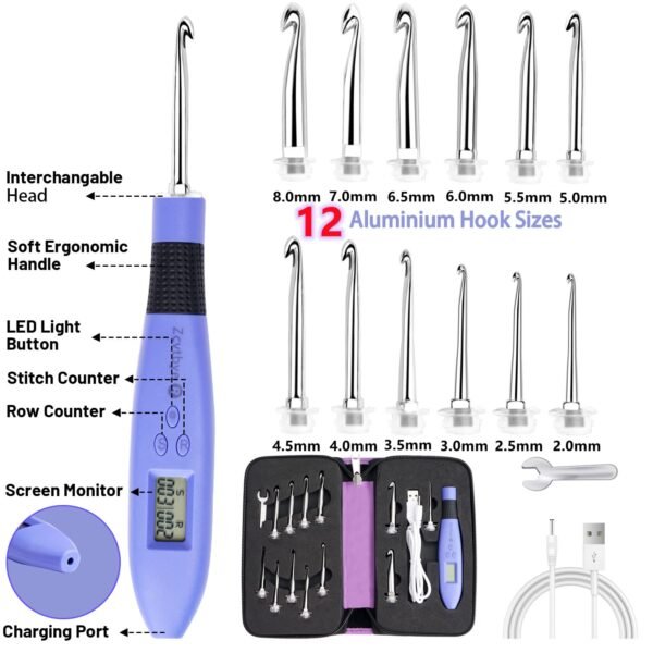 Counting Crochet Hook Set Digital with 12 Interchangeable Crochet Hooks, Ergonomic Hooks with LED Light & Digital Stitch Counter, Lighted Crochet Hook Set for Beginners & Experts - Image 7
